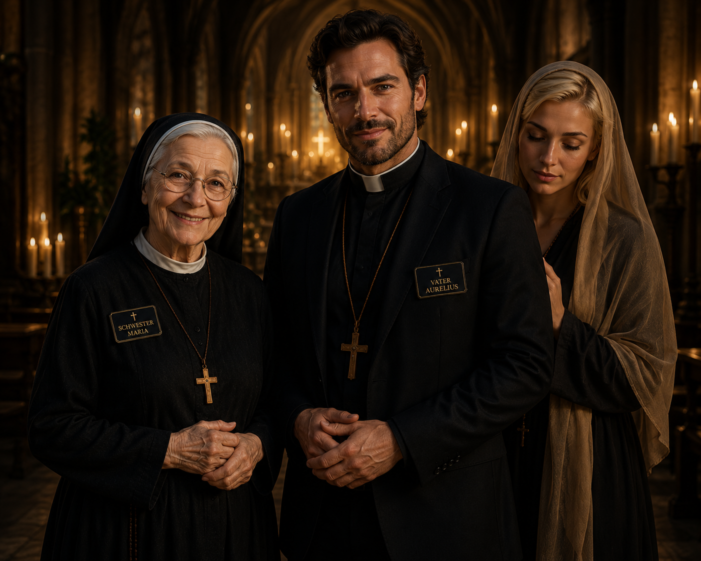 Schwester Maria steht zwischen Vater Aurelius und einer betenden Besucherin