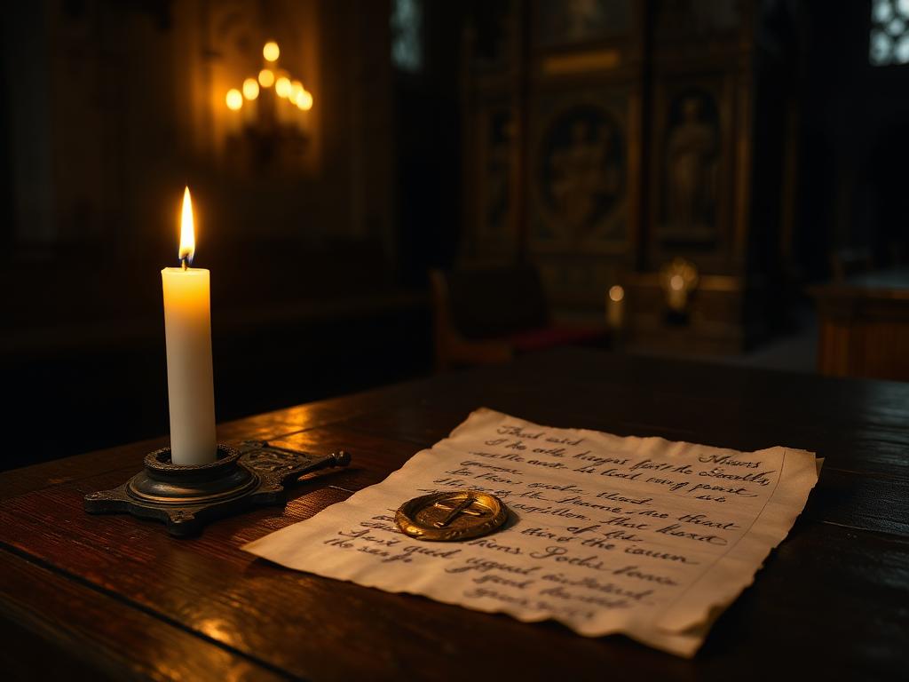 Ein versiegelter Brief im Kerzenlicht der Kathedrale
